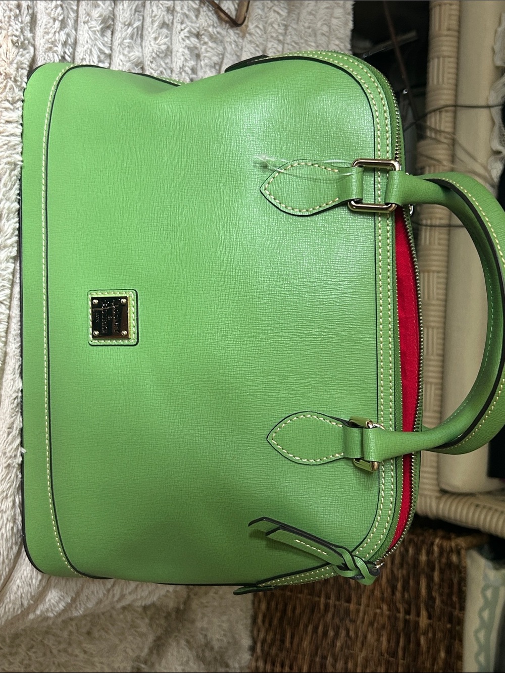 Dooney & Bourke Bright Green Saffiano Satchel with Red Trim